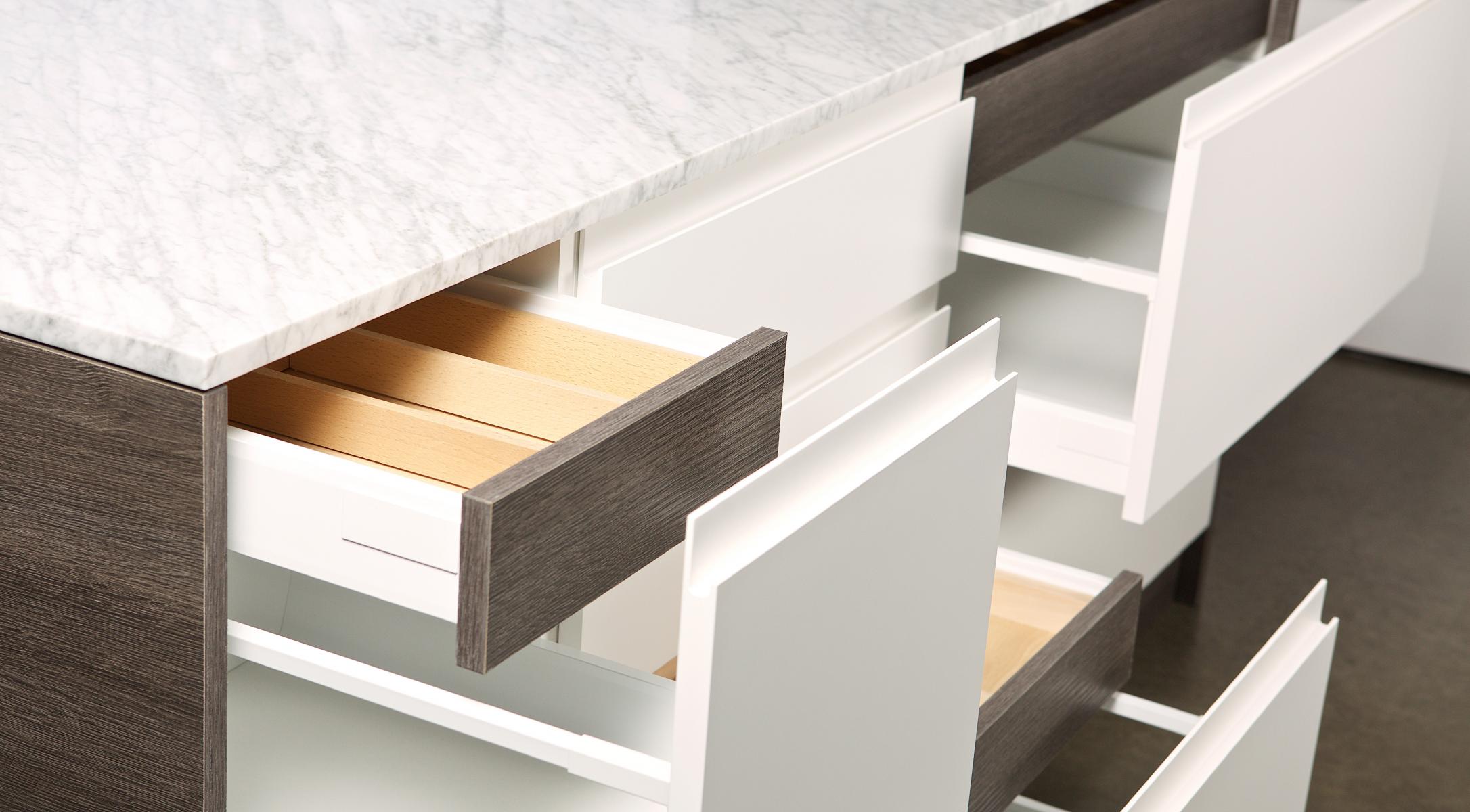 dCabinets painted custom fronts integrated pull IKEA cabinets textured melamine